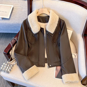 LANQIONG | Warm Wool Lined Brown Leather Jacket with Sheepskin Collar