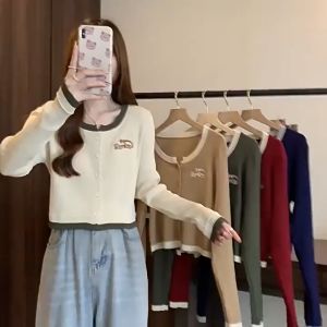 LNR Shop Atasan Rajut Lengan Panjang Blouse Full Kancing Import Korean Style Long Sleeve untuk Wanita Kasual Casual T-Shirt Sweater Dalaman Kaos Kemeja Jas Kerah