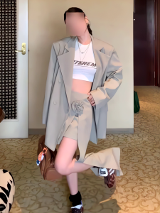 Elegant Slimming Casual Loose Suit Jacket Womens High Waist Asymmetrical Floral 3D Print Short Skirt Set Spring New Arrival