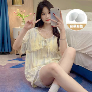Cloud Cotton Sleepwear with Chest Pad Womens Summer Thin Short Sleeve Home Clothes Set Princess Style Sweet Lace Design