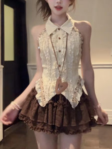 XZY plus Size Sweet Spicy Sleeveless Neck Hanging Shirt Womens Summer Puffy Half Skirt Two-Piece Set High Waist A-Line Skirt