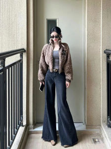 กางเกงยีนส์ทรงหลวมเอวสูงขาบานสำหรับผู้หญิง กางเกงขายาวทรงตรงขากว้าง ดีไซน์ปลายขาเปิด ทรงเข้ารูป ฤดูใบไม้ร่วง 2023