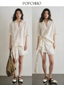 POPCHRIO | Bộ Đầm Nơ V-neck Cổ Bẻ Phong Cách Vintage kèm Quần Short