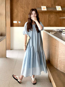 French Unique Blue Summer New Loose Lazy A-Line Dress Womens Holiday Travel Dresses Korean Style Loose Waist Short Sleeve Long Dress
