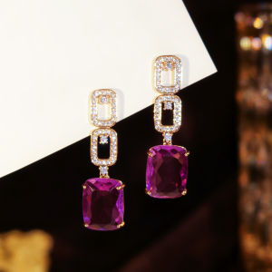 SEQUITO Light Luxury Vintage Golde Plated Jewelry Pave Setting Grape Purple Cushion Cut AAA Cubic Zirconia Geometric Square Frame Chains Long Drop Earrings SE1049