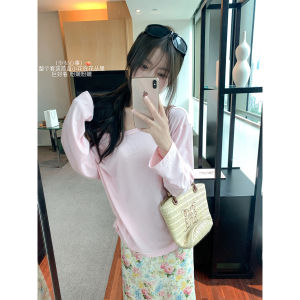 Design Lace Patchwork Backless Pink Long Sleeve T-Shirt Thin Casual Top