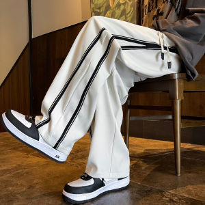 กางเกงลำลองชายผ้าไหมน้ำแข็งทรงตรงหลวมๆ สไตล์เกาหลี กางเกงขายาวทรงหลวมๆ สบายๆ สำหรับฤดูร้อน เอวกลาง ทรงหลวมๆ