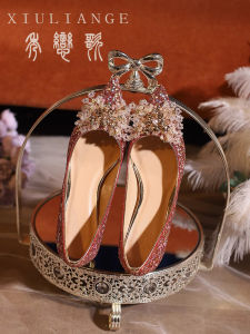 Red High Heel Wedding Shoes for Women Flat Bottom Chinese Style mid Heel Crystal Embellished Engagement Party Fashion Single Shoes