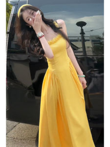 Yellow Summer Vacation Dress Simple High Waist A-Line Skirt Korean Style Commute Folded Skirt Polyester Fiber Regular Sleeve