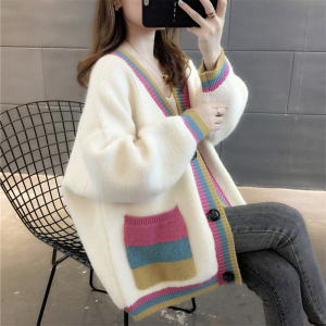 เสื้อสเวตเตอร์คาร์ดิแกนถักคอวีแฟชั่นฤดูใบไม้ผลิและฤดูใบไม้ร่วงสำหรับผู้หญิง เสื้อคลุมคาร์ดิแกนถักหนาแบบลำลอง สีตัดกัน เสื้อคลุมคาร์ดิแกนคอวีแบบหลวมๆ