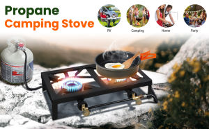 Portable Butane Stove Propane Burner Heavy Duty Gas Stove Double Burner Outdoor Burner with Adjustable Steel Braid Hose for Camping Home Brewing Turkey Fry