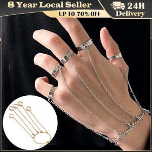 ❤️【Same Day Delivery】 Punk Geometric Silver Color Chain Wrist Bracelet for Women Men Ring Charm Set Couple Emo Fashion Jewelry Gifts Pulsera Mujer CYB-Geometric-Wrist-Bracelet-Gold