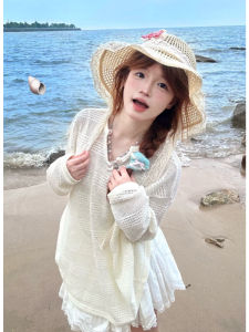 YUEZHONGWEI | White V-Neck Striped Lightweight Knitted Cover Up Loose Long Sleeve T-Shirt Top For Women Summer Air Conditioning Outerwear