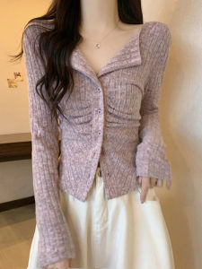 เสื้อชั้นในถักคอวีไซส์ใหญ่สำหรับผู้หญิง เสื้อชั้นในทรงสลิมฟิตแขนยาว ทรงเข้ารูป ทรงไม่สมมาตร ทรงเข้ารูป ฤดูใบไม้ผลิและฤดูใบไม้ร่วง