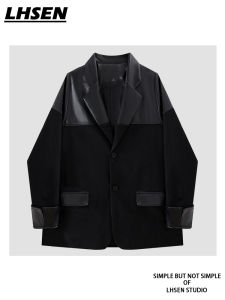 LHSEN Cool Black PU Leather Patchwork Womens Suit Jacket Loose Fit Premium Design Long Sleeve Single Button Closure Coat