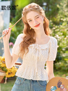 Áo Thun Tay Ngắn Ren Khoét Sâu Mùa Hè Mới Của Bé Gáiiny Dành Cho Nữ Áo Thun Cotton Phong Cách Pháp Dáng Rộng Cổ Vuông Dáng Thường