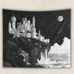 VIKAMA Đen Trắng Lâu Đài Mặt Trăng Tấm Thảm Câu Chuyện Cổ Tích Đen Tối Phong Cách Gothic Trang Trí Phòng Polyester Treo Tường Cho Phòng Khách Phòng Ngủ Lối Vào