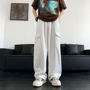 กางเกงทำงานทรงหลวมสไตล์อเมริกันย้อนยุคสีขาวสำหรับผู้ชาย Cleanfit กางเกงขายาวทรงหลวมหลายกระเป๋า กางเกงขายาวลำลอง