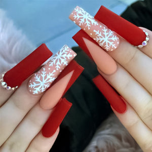 24pcs French Long Coffin Christmas Fake Nails with 3D Rhinestones Press On Nails Snowflakes Stripe Design Xmas False Nails Tips