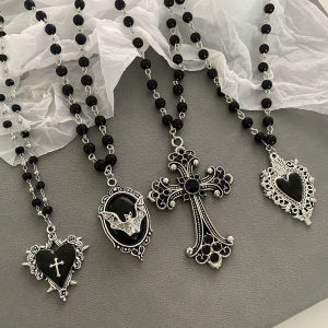 Gothic Bat Cross Dark Pendant Necklace Set Thorn Love Black Bead Stacked Necklace Halloween Gifts