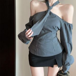 GUZILIAN | Chic Long Sleeve Shoulder Bared Womens Shirt Stripe Pattern Unique Design Luminous Lantern Sleeve Sweet Style Autumn Top