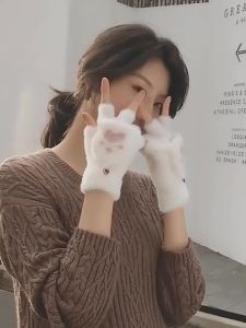Fingerless Gloves Cat Paw Design Reversible Thermal Mittens Flap Cover Cycling Gloves Elasticity Windproof Winter Women Gloves
