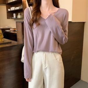 เสื้อยืดคอกว้างแขนยาวถักสำหรับผู้หญิง ฤดูใบไม้ร่วง 2024 เสื้อยืดคอกลมแขนยาวคอกลมสไตล์พื้นฐานสำหรับผู้หญิง เสื้อผ้าทำงานสไตล์เกาหลี