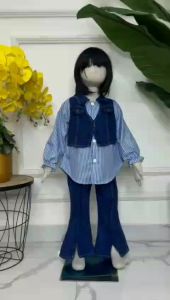 Setelan Fuji Katun Salur Rompi Jeans Anak Perempuan Usia 3 - 12 Tahun / Set Salur Mix Jeans Celana Cutbray - Setcel Viral Anak Model Terbaru