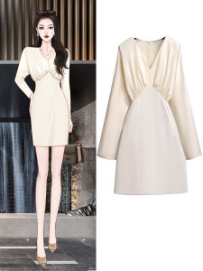 ชุดเดรสยาวแขนยาวผ้าซาตินหรูหราสำหรับผู้หญิง ฤดูใบไม้ร่วง 2025 ชุดราตรีหรูหรา เอวสูง ชุดเดรสทรงเอ