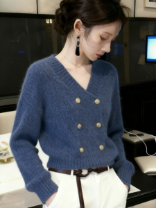 YINGKETUO | Retro Blue V-Neck Long Sleeve Knit Cardigan