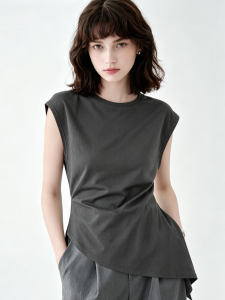 QINGNAER | Round Neck Sleeveless Top for Plus Size Deep Gray