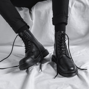 Mens High Top Chelsea Boots Martin Boots Fleece Lined Black Heightening Workwear Motorcycle Short Boots British Style Leather Shoes