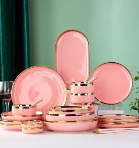 Màu Hồng Sang Trọng Viền Vàng Bát Sứ Sáng Tạo Sử Dụng Tại Nhà Đồ Ăn Tròn Bít Tết Đĩa Lò Nướng Sứ An Toàn Bát Cơm Phong Cách Scandinavia