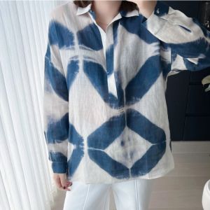 New French Style Blue Gradient Loose Womens Shirt Deep V-Neck Linen Long Sleeve Casual Fashion Commute Print Casual Length