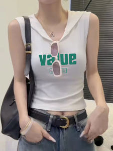 American Retro Print Sleeveless Hoodie Womens Spicy Summer New Design Slim Fit Vest Top Commute Style Short Length T-Shirt