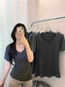 plus Size Slimming V-Neck Short Sleeve T-Shirt Pure Color Drapey Shoulder Women Summer Sweet And Spicy Style Regular Fit Top