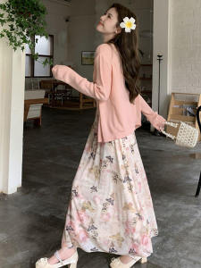 Stylish Floral Print Two-Piece Set Long Sleeve Open Cardigan Strap Dress Elegant Age-Defying Beautiful Summer Fashion Womens Clothing