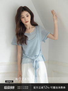 Blue Knitted Belted Waist Short Sleeve Womens Top Thin Summer Fashion Retro Style Tie Dye Two-Piece Look by MoZao