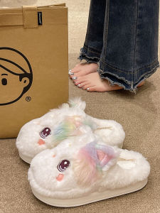 Plush Cotton Slippers Womens Winter New Indoor Home Cute Cat Warm Anti-slip Thick Bottom Slippers Outdoor Wear Female Shoes
