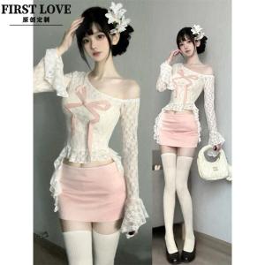 Pure Desirable Spicy Girl T-Shirt with Bell Sleeves A-Line Skirt Set Pink Butterfly Knot Lace Transparent Beautiful Fashionable