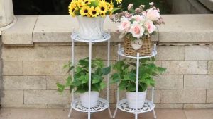 2 Layer Metal Plant Stand Durable Iron Flower Pot Display Rack for Indoor Outdoor Use Home Garden Decoration