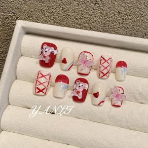 [Yan Li] Cute Red Short Butterfly Ballet Shoelaces Bear Wear Armor Heart Hand Painted Nail Stickers
