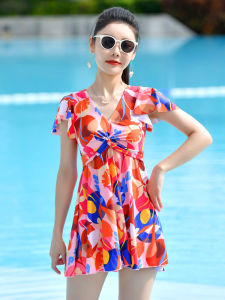 Womens Two-Piece Swimsuit Thermal Spring Bathing Large Size Adult Middle-Aged And Elderly High Quality Swimwear V-Neck with Chest Pad