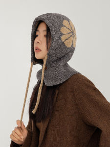 K-style Balaclava Womens Winter All-Matching Warm-Keeping and Cold-Proof Earflaps Cap Scarf Integrated Knitting Woolen Cap