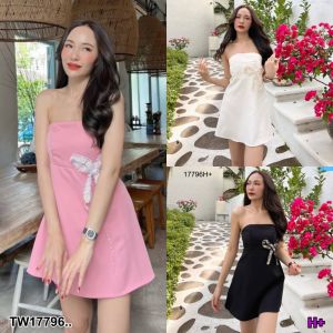 TW17796 เดรสสั้นเกาะอก แต่งโบว์มุ้ง ..