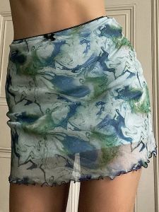 Trendy Mesh Wrap around Mini Skirt High Waist Street Style Printed Polyester Womens Short Skirts Bodycon Skirts for Ladies