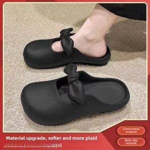 Summer Outdoor Womens Slippers Ties Flat Bottom Butterfly Knot Anti-Slip Mary Janes Flats Sweet Style Casual Low Heel PVC