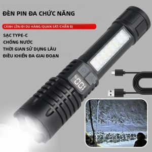 Đèn Pin LED Chiến Thuật Công Suất Cao Đèn Pin Cắm Trại Có Thể Sạc Lại Bằng USB Với Đèn Zoom Kính Thiên Văn Màu Đen Đèn Pha Khẩn Cấp Tích Hợp Pin