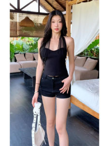 YUEZHONGWEI | French Style V-Neck Sleeveless Black Mesh Paneling Womens Crop Top Summer Outdoor Wear Slimming Short Length Hanging Neck