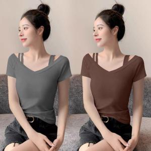 Lieoyuarn | One-shoulder Short Sleeve Slim Fit V-Neck Womens T-shirt